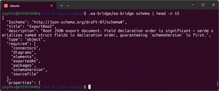 Das JSON Schema der EA Bridge in einem Terminal in Ubuntu