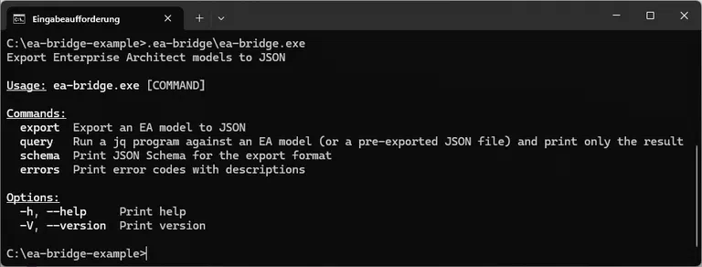 Die verfügbaren Kommandozeilenargumente, hier unter Windows über ea-bridge.exe aufgerufen