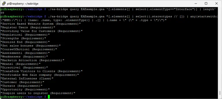 Dieselbe Abfrage auf einem Raspberry Pi: Das ARM-Linux-Binary zählt und listet die Interfaces im Modell und gibt nur das Ergebnis aus