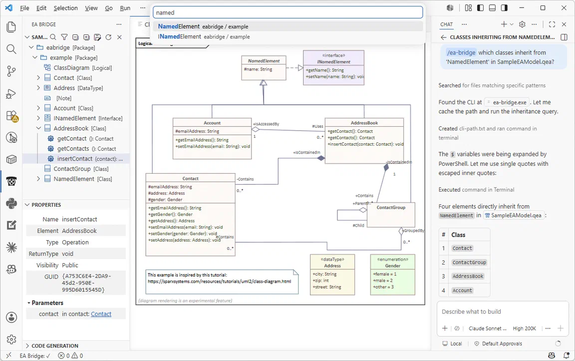 Das Modell in VS Code: Modellbaum, Properties View, gerendertes Diagramm, Suchfeld und KI Skill