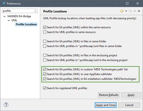 EA-Bridge Eclipse-Präferenz-Dialog mit UML-Profil-Optionen