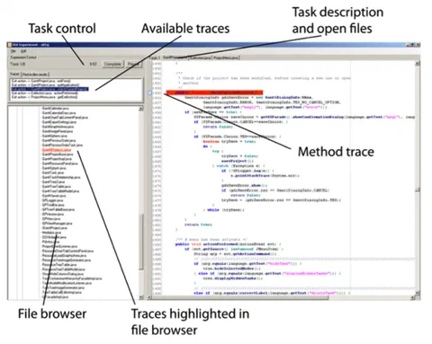 Screenshot of the traceability tool used in the experiment, with traces shown in a separate panel alongside source code