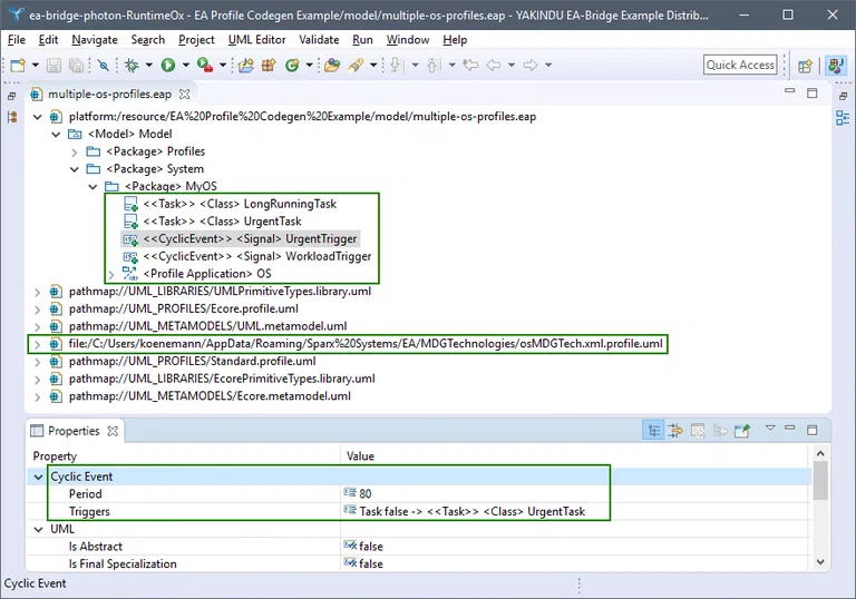 EA-Bridge with active UML profile support: stereotypes applied and tagged values resolved
