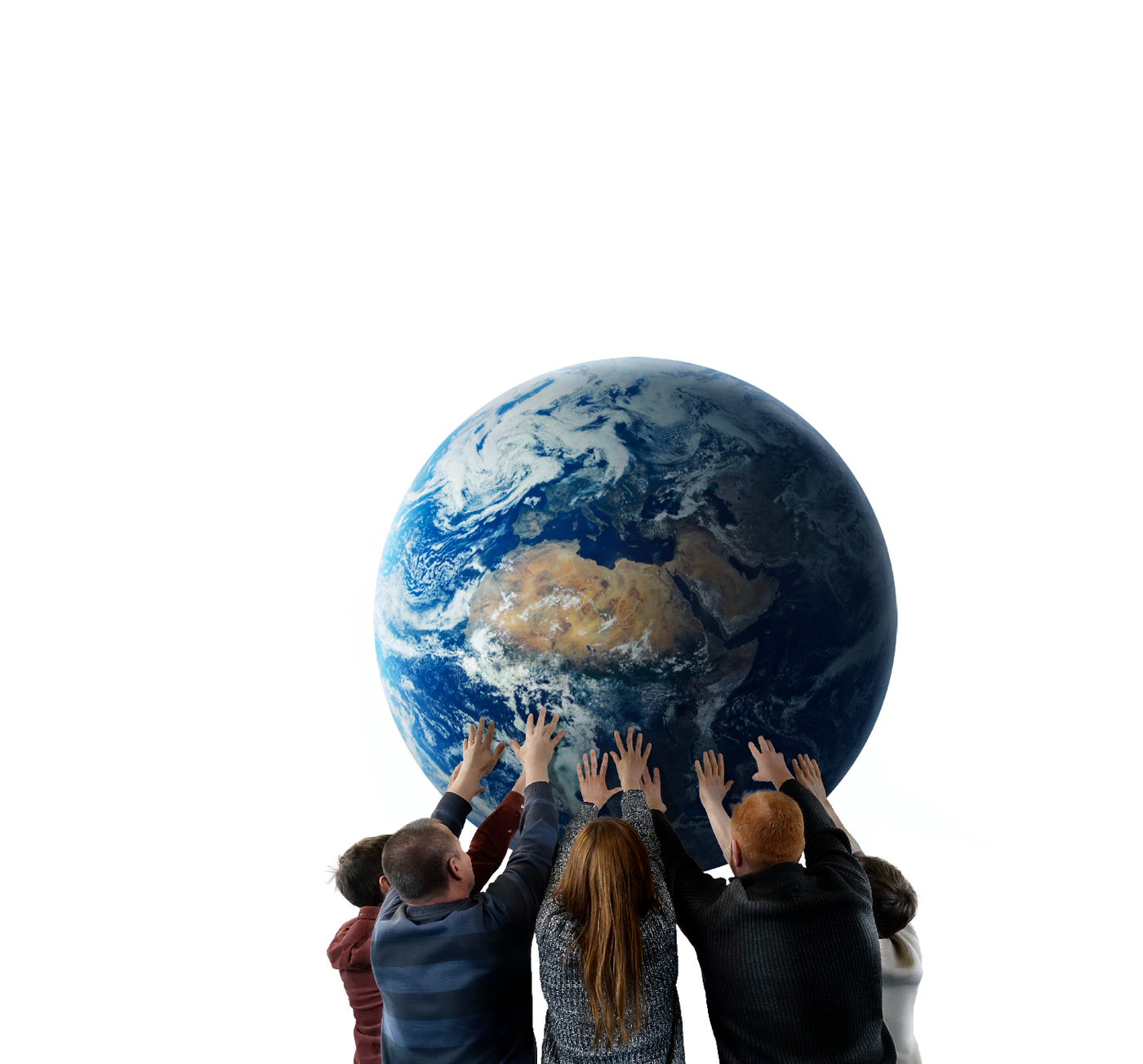 Mehrere Menschen halten eine Weltkugel in ihren Händen.