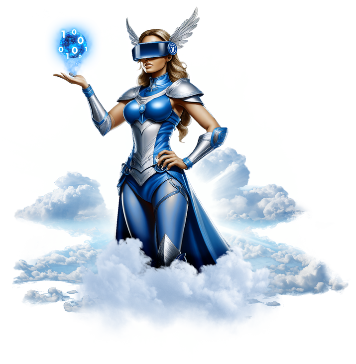 Die futuristisch gestaltete griechische Göttin Themis hält eine Datenwolke in der Hand.