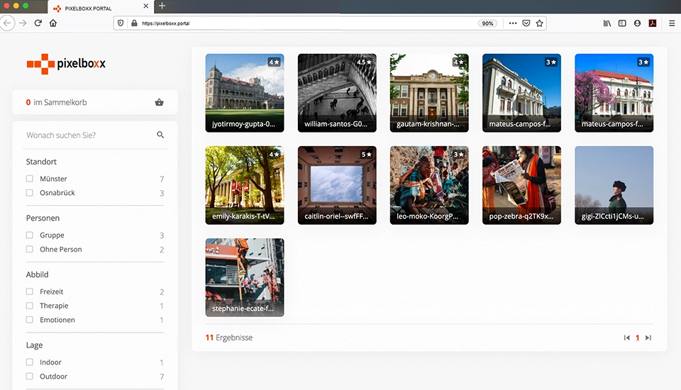 Screenshot aus dem Frontend der Pixelboxx, in dem mehrere Medien ich Kacheloptik angezeigt werden.